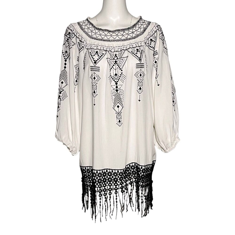 John Mark XL White Black Embroidered Boho Tunic Top Fringe Rayon Peasant Blouse - Picture 2 of 8